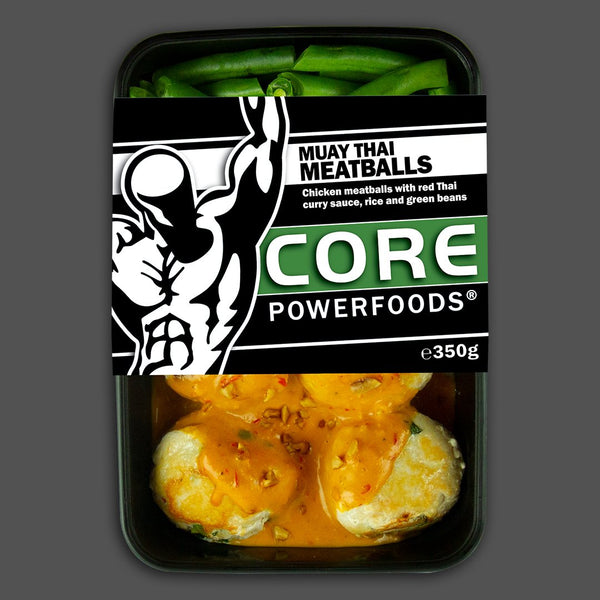 Muay Thai meatballs, chicken red Thai curry high in protein frozen fitness meals